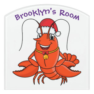 Cute happy lobster wearing Christmas hat cartoon Door Sign