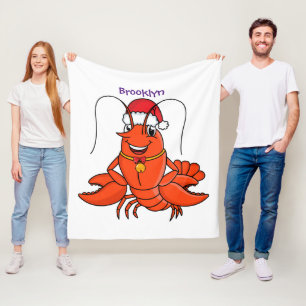 Cute happy lobster wearing Christmas hat cartoon Fleece Blanket