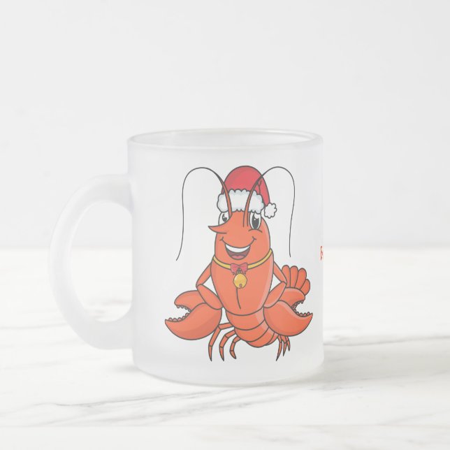 Cute happy lobster wearing Christmas hat cartoon Frosted Glass Coffee Mug (Left)