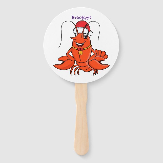 Cute happy lobster wearing Christmas hat cartoon Hand Fan (Front)