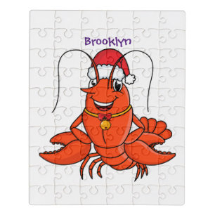 Cute happy lobster wearing Christmas hat cartoon Jigsaw Puzzle