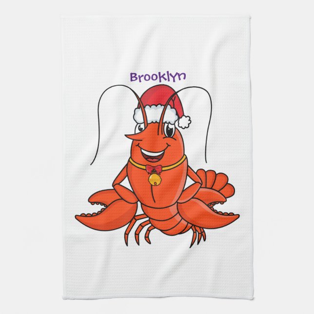 Cute happy lobster wearing Christmas hat cartoon Kitchen Towel (Vertical)