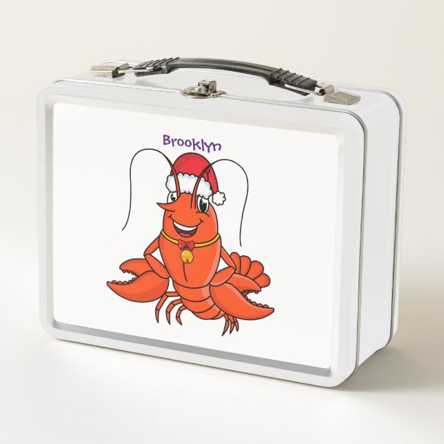 Cute happy lobster wearing Christmas hat cartoon  Metal Lunch Box (Front)