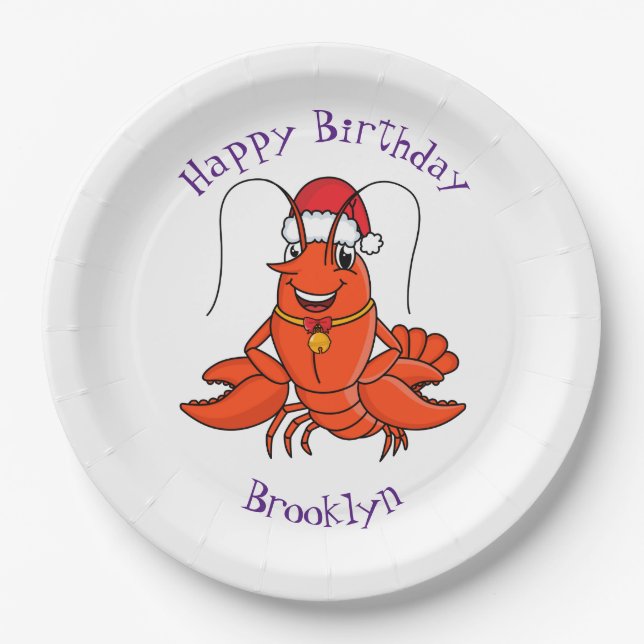 Cute happy lobster wearing Christmas hat cartoon Paper Plates (Front)