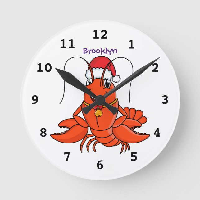 Cute happy lobster wearing Christmas hat cartoon Round Clock (Front)