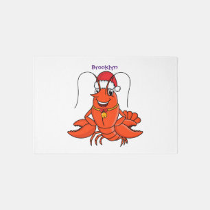 Cute happy lobster wearing Christmas hat cartoon Rug