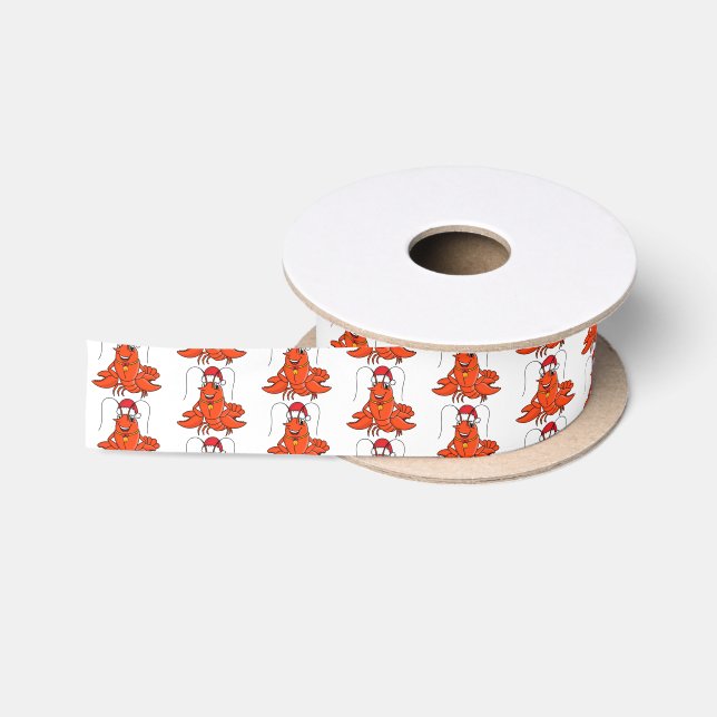 Cute happy lobster wearing Christmas hat cartoon Satin Ribbon (Spool)
