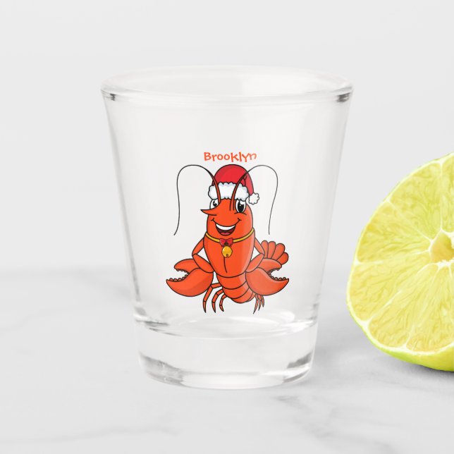 Cute happy lobster wearing Christmas hat cartoon Shot Glass (Front)