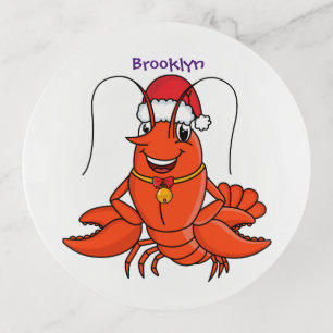 Cute happy lobster wearing Christmas hat cartoon Trinket Tray