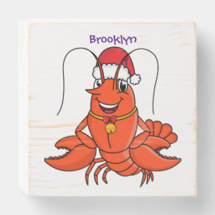 Cute happy lobster wearing Christmas hat cartoon Wooden Box Sign