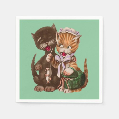 Cute Happy Male Female Cats Sharing Rats Paper Napkins