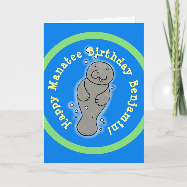 Cute happy manatee cartoon illustration card (Front)