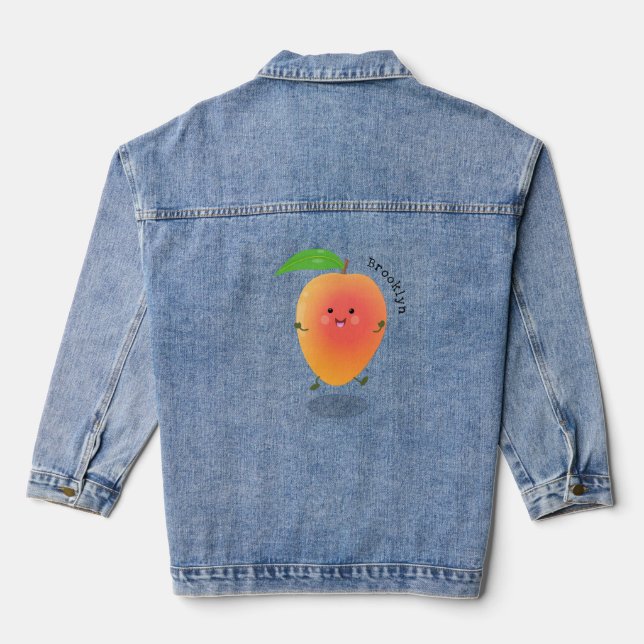 Cute happy mango cartoon illustration denim jacket (Back)