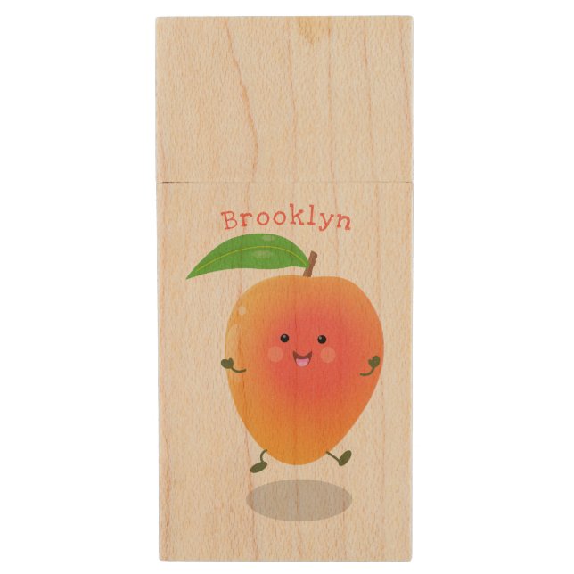 Cute happy mango cartoon illustration  wood flash drive (Front Vertical)