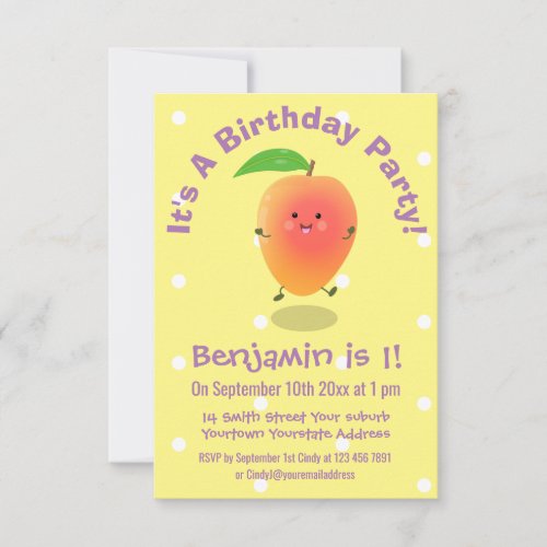 Cute happy mango yellow cartoon birthday invitation