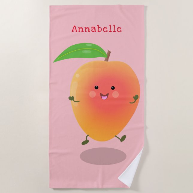 Cute happy mango yellow cartoon illustration beach towel (Front)