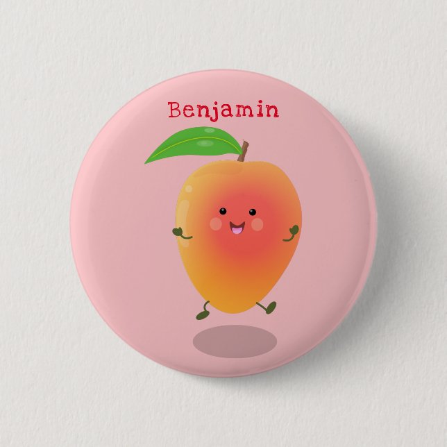 Cute happy mango yellow cartoon illustration button (Front)