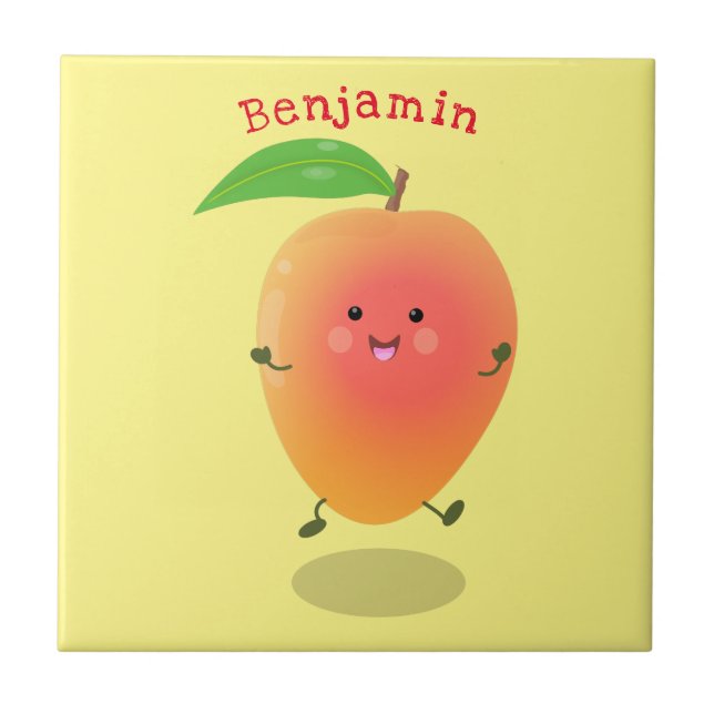 Cute happy mango yellow cartoon illustration ceramic tile (Front)
