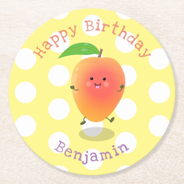 Cute happy mango yellow cartoon illustration round paper coaster (Front)