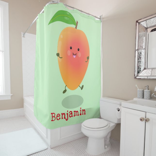 Cute happy mango yellow cartoon illustration shower curtain (In Situ)