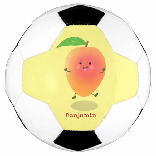 Cute happy mango yellow cartoon illustration soccer ball