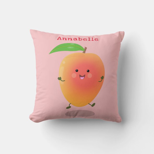 Cute happy mango yellow cartoon illustration throw pillow (Front)