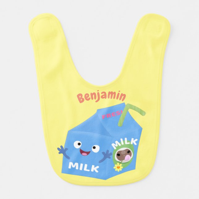 Cute happy milk carton character cartoon baby bib (Front)