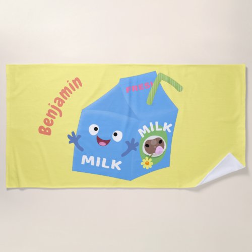 Cute happy milk carton character cartoon beach towel