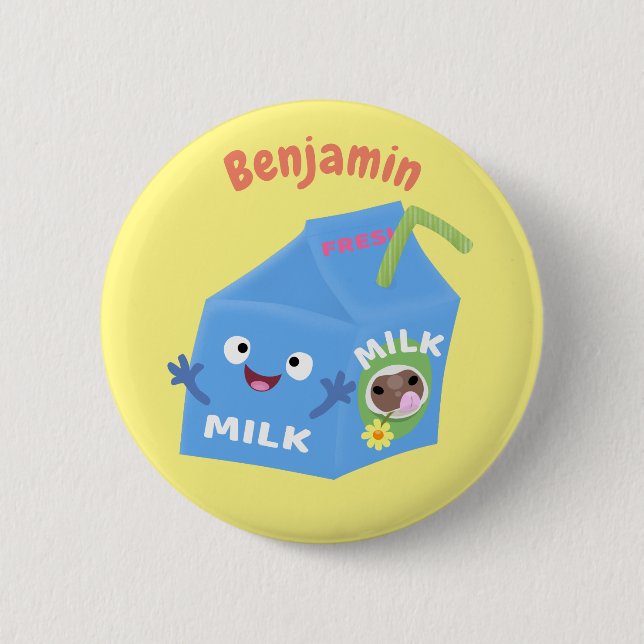 Cute happy milk carton character cartoon button (Front)