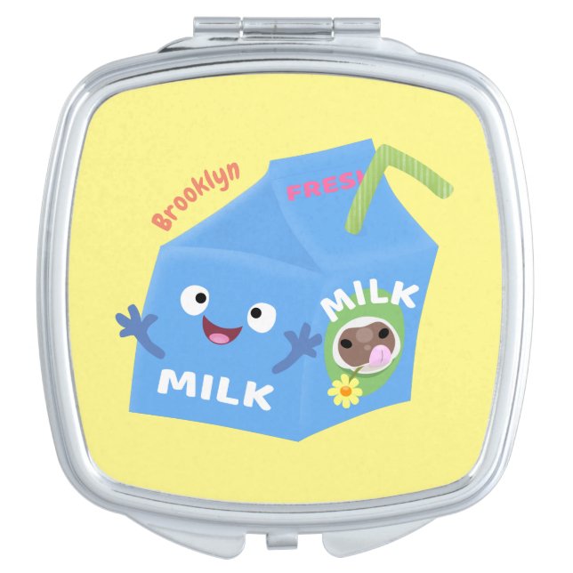 Cute happy milk carton character cartoon compact mirror (Front)