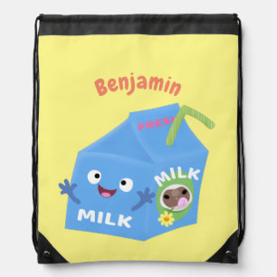 Cute happy milk carton character cartoon drawstring bag