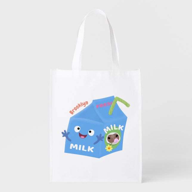 Cute happy milk carton character cartoon grocery bag (Front)