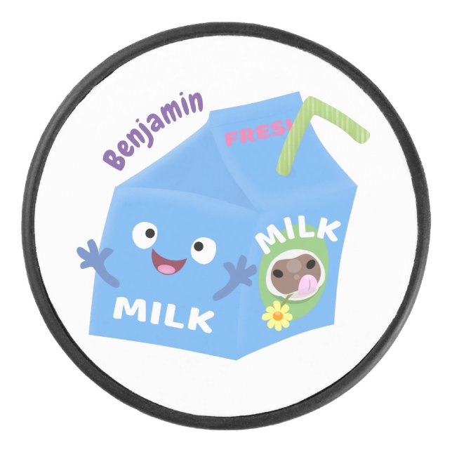 Cute happy milk carton character cartoon hockey puck (Front)