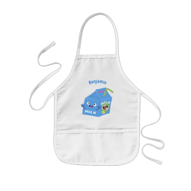 Cute happy milk carton character cartoon kids' apron (Front)