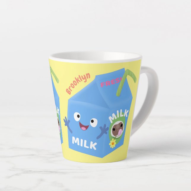 Cute happy milk carton character cartoon latte mug (Right Angle)