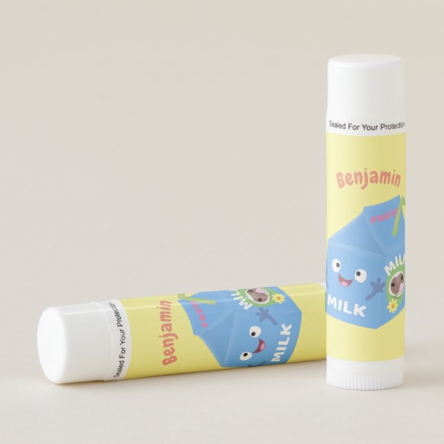 Cute happy milk carton character cartoon lip balm (Front)
