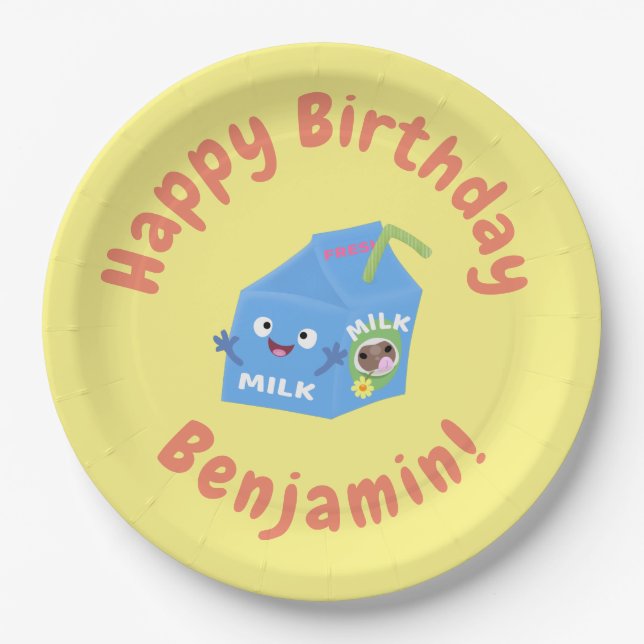 Cute happy milk carton character cartoon paper plates (Front)