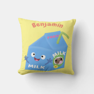 Cute happy milk carton character cartoon throw pillow