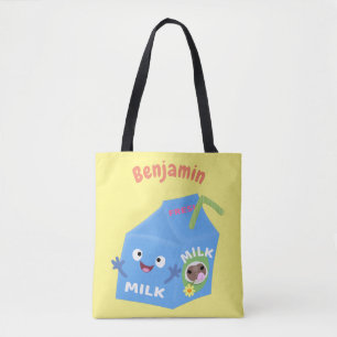 Cute happy milk carton character cartoon tote bag