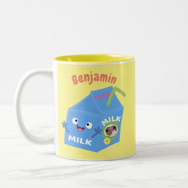 Cute happy milk carton character cartoon Two-Tone coffee mug (Left)