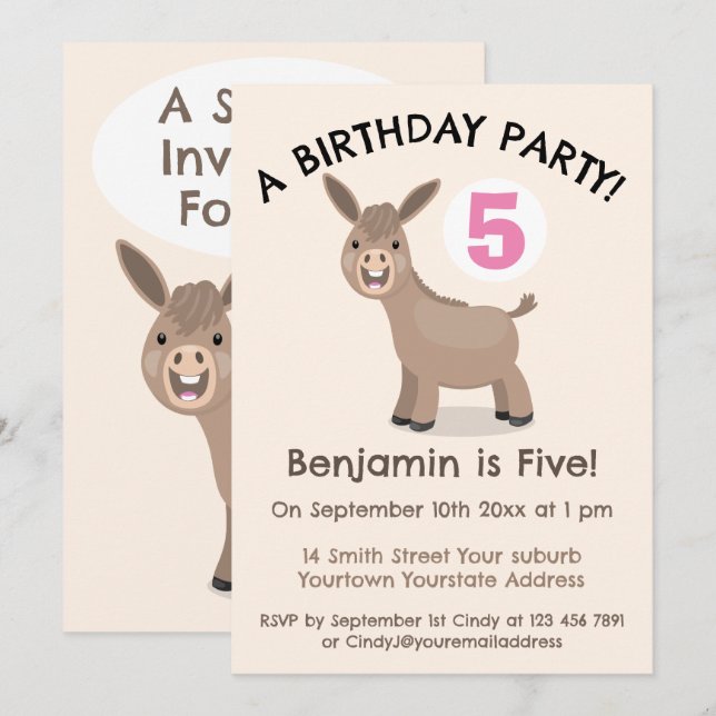 Cute happy mini donkey cartoon birthday invitation (Front/Back)