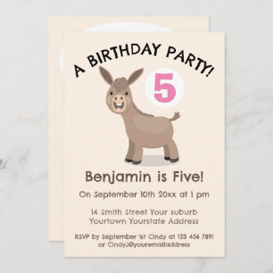 Cute happy mini donkey cartoon birthday invitation