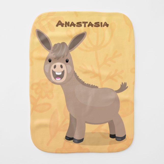 Cute happy miniature donkey cartoon illustration baby burp cloth (Front)