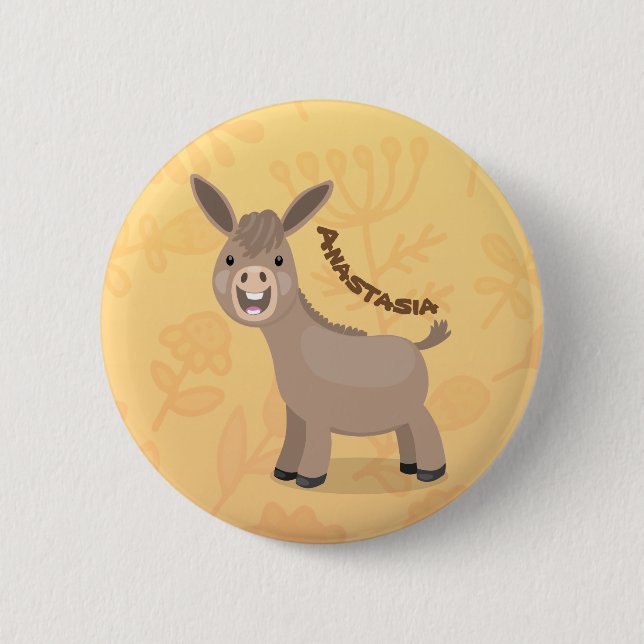Cute happy miniature donkey cartoon illustration button (Front)