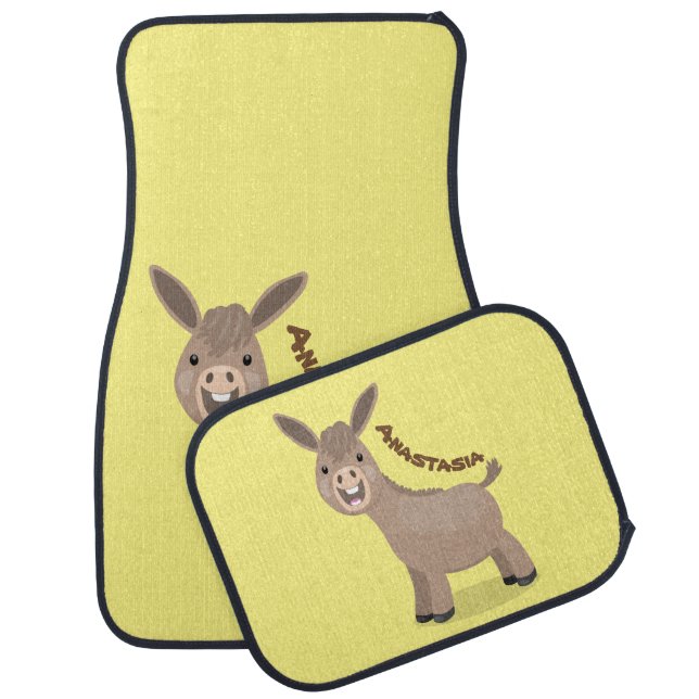 Cute happy miniature donkey cartoon illustration car floor mat (Set)