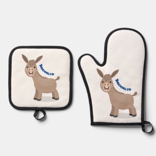 Cute happy miniature donkey cartoon illustration oven mitt  pot holder set