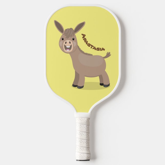 Cute happy miniature donkey cartoon illustration pickleball paddle (Front)