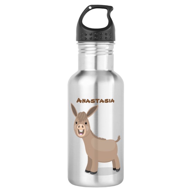 Cute happy miniature donkey cartoon illustration stainless steel water bottle (Front)