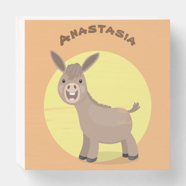Cute happy miniature donkey cartoon illustration wooden box sign (Front Horizontal)