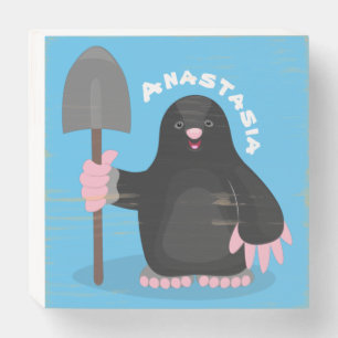 Cute happy mole cartoon illustration wooden box sign